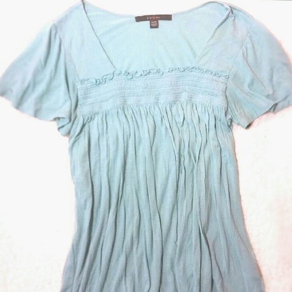 Fever Tops - FEVER Blue Smocked Boho Blouse Flowy Top Soft Babydoll Short Sleeve